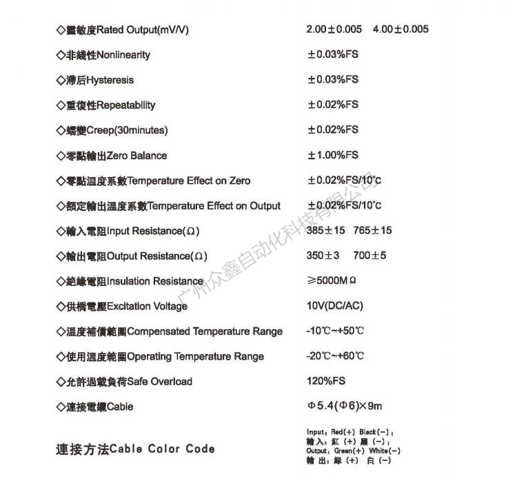 美国AC传感器 GY-3-0.5t称重传感器技术参数